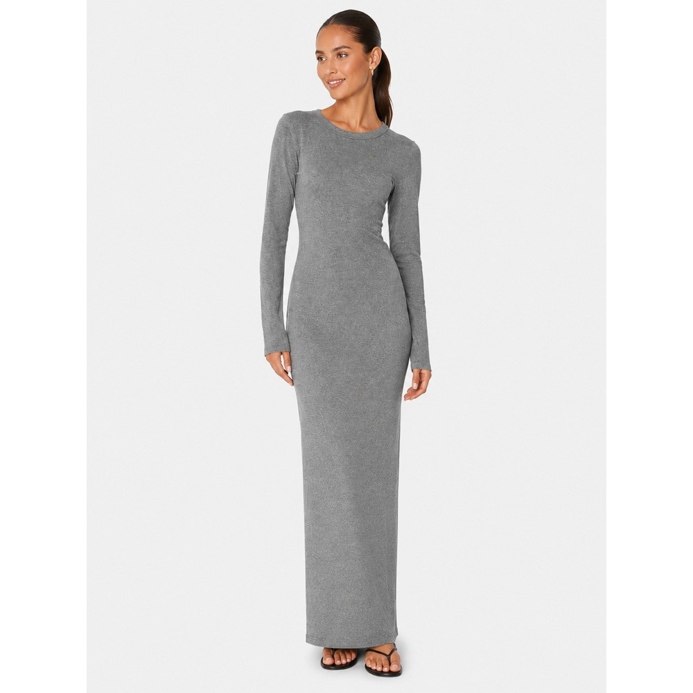 ETERNE Long Sleeve Crewneck Maxi Dress Heather Grey Ribbed Cotton Blend Size S